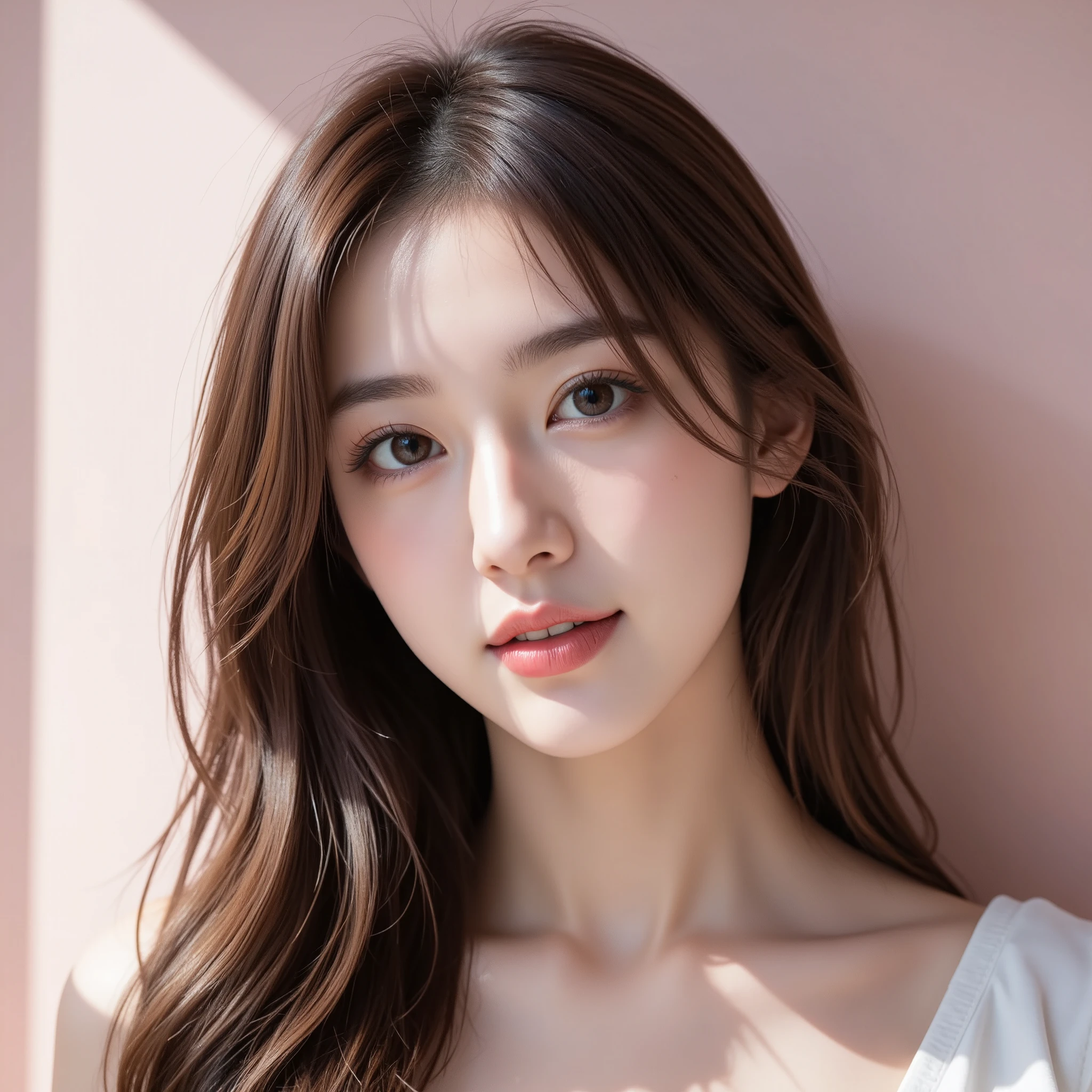 highest quality、4K、Beautiful lady、Perfect Face、Perfect Style、perfect body、Sunburn、beautiful lady、mature、long curly layer brown hair、Swept-back hair、full body, sexy 、charming、healthy、white long dress、
BREAK（Futuristic architecture design,smooth white ribbed structure creating curves,design suggesting flexibility,monochromatic color scheme emitting serenity,surface softly reflecting light,delicate gradation,stillness akin to being enveloped in morning mist,minimalism,simple yet impactful sculptural beauty,spirit of modernism architecture,shadow play through light manipulation,harmony between structure and space,sculptural elements as visual art,fusion of advanced technology and nature,photorealistic rendering）