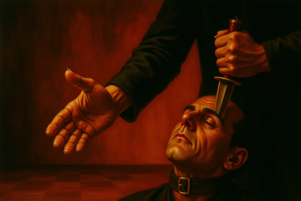 A man with light brown hair , green eyes and piercing gaze, He is wearing a black leather jacket and has a bracelet on his right arm with a Nazi swastika painted on it. He is wearing black leather pants and studded boots.. That man, He is whipping another bald-headed man who is shirtless..
Both are in a dark basement . built in stone