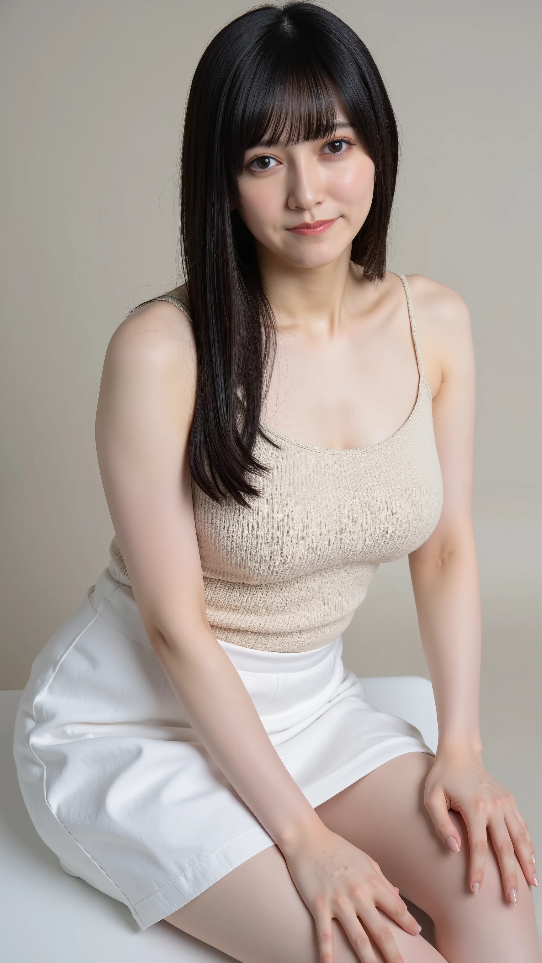 1 girl, solo, long hair, Photo shoot, white skin, long hair with bangs, (I'm wearing a knitted tank top with thin straps, plate miniskirt), natural breasts, looking at viewer , 4K, Japanese woman with crossed legs.