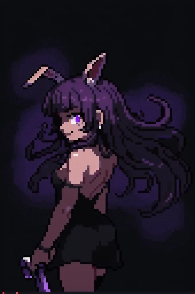 Pixel art, 6-life, full body, facing left,run, animal ears, rabbit ears, playboy bunny, a woman, wrist cuffs, leotard, black leotard, fake animal ears, detached collar, tail, pantyhose, strapless leotard , solo, bow, long hair, strapless, bowtie, rabbit tail, high heels, purple hair'full body, black bowtie, brown legwear, white background, standing, black bow, simple background, hair ornament, breasts,Big breasts,black footwear, cleavage, Saori Kido
