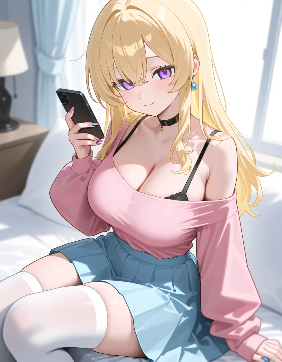 (masterpiece, highest quality, 4k), 1 girl, blonde hair, pink eyes, fascinating face, raise your arms, From above, Fisheye, asymmetrical bangs, ray tracing, chromatic aberration, thick lips, indoors, knit sweater, environmental lighting, window, starry sky, crop top, long sleeve, leggings, abdomen, cleavage, looking at the viewer, big breasts, thick thighs, off shoulder, Barrette, perfect lighting, cute colors From above, bedroom background, background plants