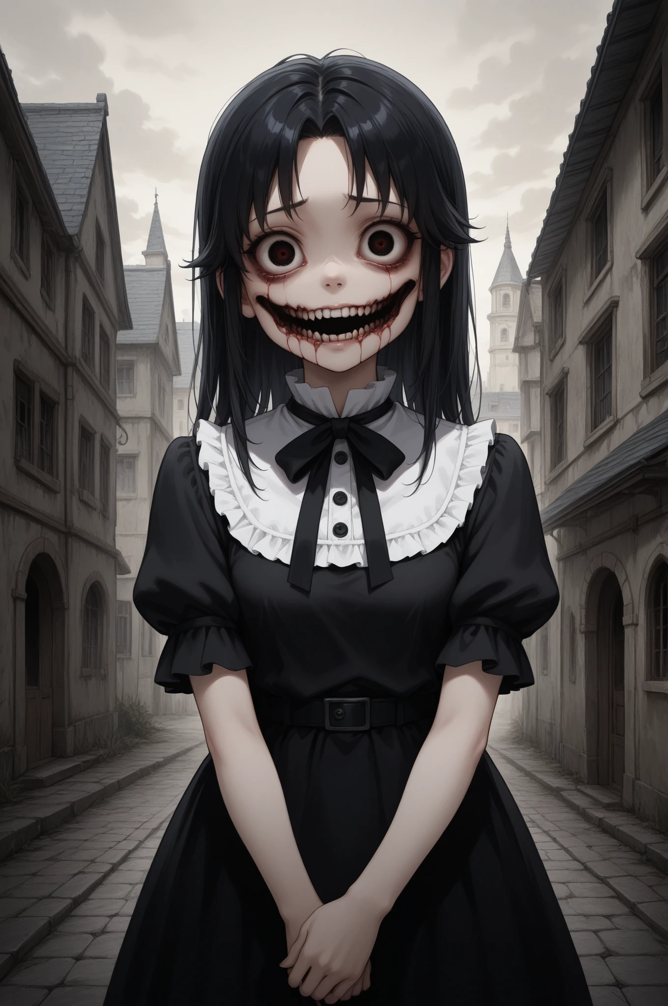 A girl with black hair and blue eyes wearing a scary mask