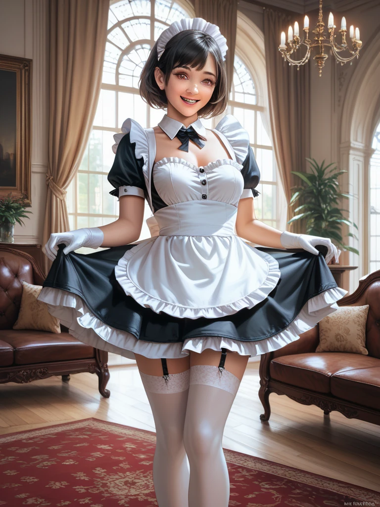 (masterpiece, best quality), 1girl, Pale orange Reverse French Braid, Size DD breasts, <lora:Maid_X23_By_Stable_yogi:0.8> maid headdress, maid outfit, black gloves, black thighhighs, high heels