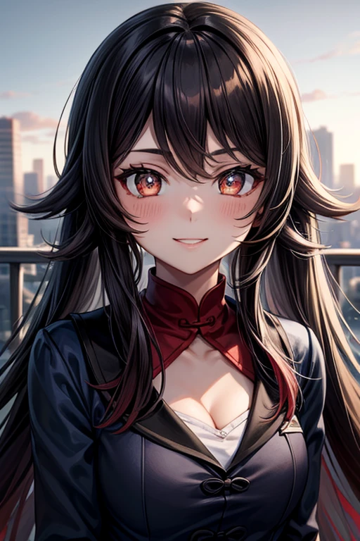 (masterpiece, sidelighting, finely detailed beautiful eyes: 1.2), (masterpiece*portrait), portrait, (bust), realistic, 3d face, lusious skin, ((solo)), (close-up of face), (scarlet eyes), hanging corners, (high detail skin, visible pores)), (Perfect Figure), a beautiful steampunk girl, small breasts, ((uniform containing a bust-length small blazer)), (ribbon collar), (short gloves as short as half a palm)
