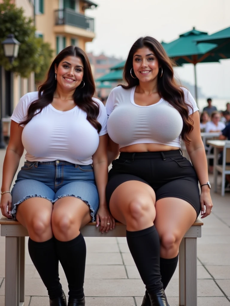 3 chubby girls, latina, full body, student clothes, chubby face, Caucasian, chubby, cleavage, 18 age, head shot, university hall, A smile, mixed hair color