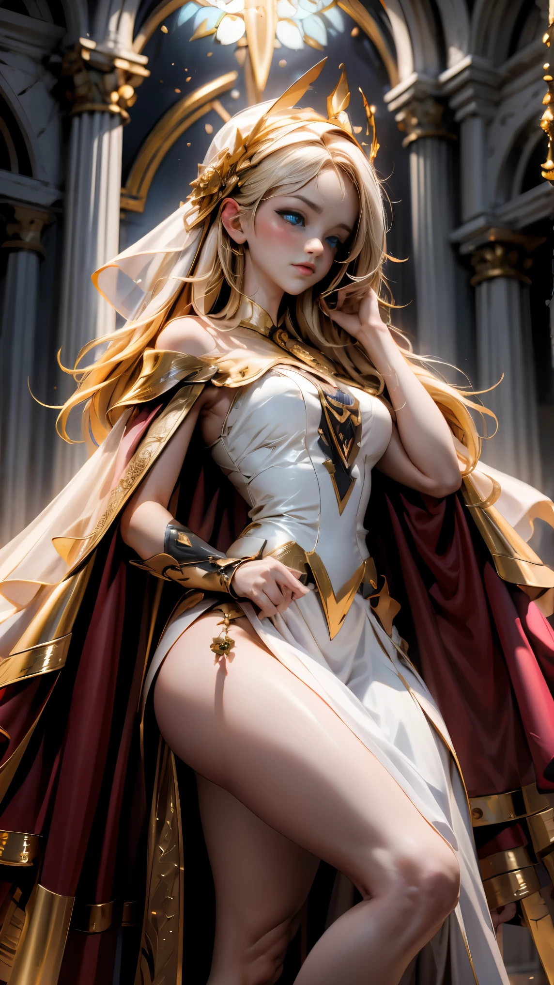Arafed, a picture of a female angel in high society prom event, divine beautiful female angel, blond hair, long hair, flowing hair, the hair glows in a soft light, cerulean eyes, deep light eyes, divine beautiful face, folded white feather wings, she wears a red evening dress, elegant, intricate detailed dress, silk dress, she wears elegant high heeled boots, exquisite high heeled boots, she stands on the porch of a fantasy castle, dynamic angle, soft torch light, (Masterpiece: 1.5), 16k, highres, best quality, high details, ultra detailed, masterpiece, best quality, (extremely detailed), AngelStyle, GlowingRunesAI_paleblue, Angels Elemental, bj_Devil_angel