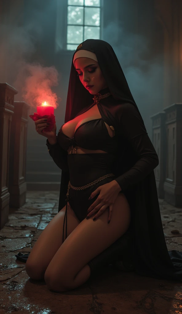 black sorceress woman in short clothes with large, exposed breasts, long black hair and red eyes, with a silk cape on her back, manipulating black magic in one of her hands, dark apocalyptic scene background