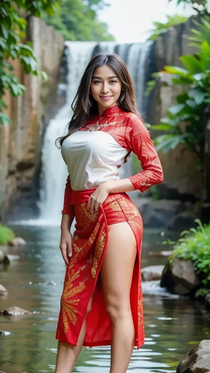 masterpiece, ultra realistic,32k,intricate details, sharp focus, realistic, closed mouth, full body, shiny skin, seductive smile, seductive pose, black eyes, jewelr, lips, realistic, looking_at_viewer, irene1, wet skin, shiny skin, long sleeves, white indonesian clothes, bali, balinese, cityscape, dynamic pose,((red kebaya)),full body,busty body,curvy body,long hair,beauty face,cowboy shot