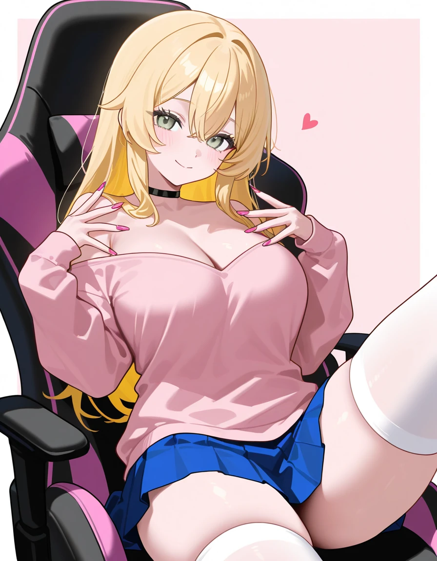 mio, 1girl, solo, breasts, blonde hair, multicolored hair, red eyes,large breasts, cleavage, shorts, long hair, thighhighs, brown shorts, camisole, shirt, smile, ribbon, indoors, bedroom, gaming_chair