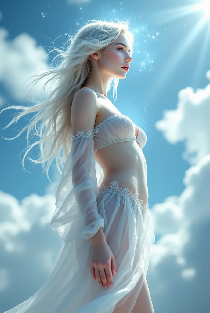 (elemental water, humanoid body made of water: 1.2) sapphire aesthetic, whole body, sky background, fantasy art, being made of water, body of water, woman made of water, angelic
