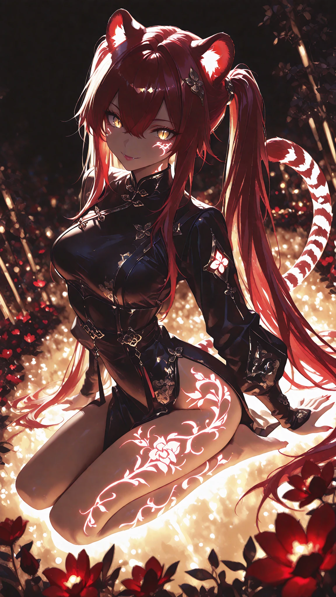 She kitsune walks in the sea of flowers dotted with pink clouds,The ninja who is alone,The shinobi cannot leave this planet,The fox is lost in the boundless space. sharp focus, 8k HD, crazy detail, intricate, Caenorhabditis elegans, atmospheric 4k hyper-detail, cinematic sensibility, sharp focus, masterpiece, color, surreal, vivid colors, (very detailed CG unity 8k wallpaper), intricate, high detail, sharp focus, realistic, symmetrical, volumetric lighting, beautiful, dynamic lighting, artstation, poster, volumetric lighting, very detailed faces, 8k ultra, all body, Awarded, low key, cowboy lens, detailed iris, sparkle eyes, (multicolored eyes), (heterochromia), (messy hair), (red hair:1.3), (long ponytail), (hair over one eye), (wavy hair:1.1), kitsune, (kitsune mask), fox mask, fox tails, tatoo, tatoos on shoulder, tatoos on chest