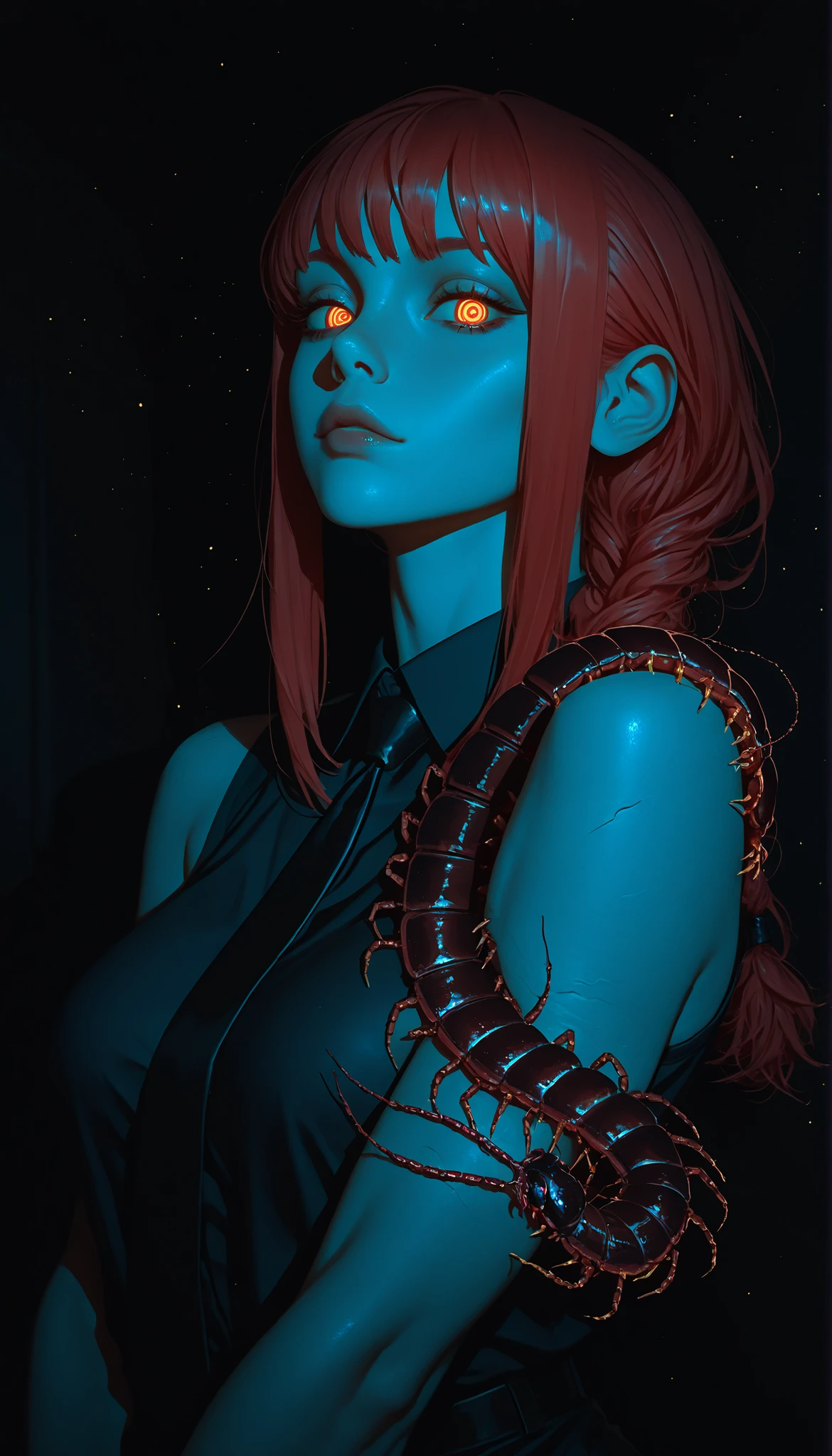 Photorealistic, detailed mosos eyes, detailed skin, detailed hair, volumetric lighting, Extremely detailed dapple, light particles, dramatic shadows, movie lighting, photo background, depth of field,Makima from Chainsaw man, wears a sleeveless suit,, In an office,((Scolopendra on her arm)),Thousand-foot insect,((Centipede)),Dark art,cinematic lighting,high contrast,limited palette , Black background, brilliant contours,neon, black light,