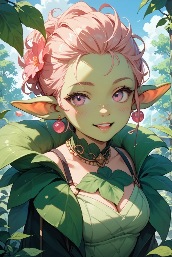 Florabeast,green skin,pointy ears,blonde hair,drill hair,short hair,red eyes,double plant bun,
flower,toned,navel,
upper body,medium breasts,
solo,smiling,sinister eyes,
stars,garden,
(insanely detailed, beautiful detailed face, masterpiece, best quality),<lora:Florabeast-10Dv9:0.8>,