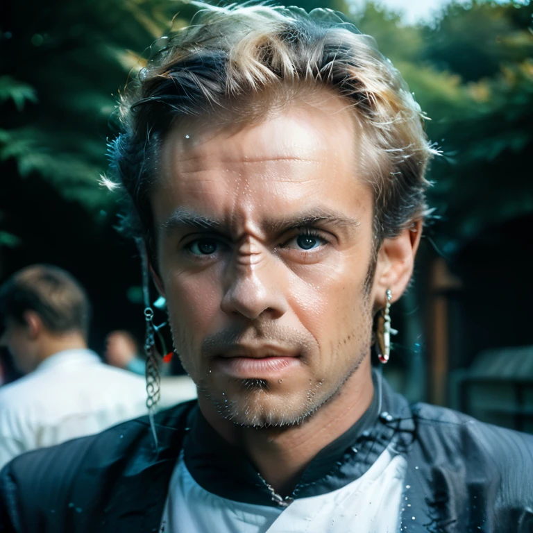 Generate a male of the Bajoran race from "Star Track". 5 horizontal folds are placed on the nose. From the right nostril to the right ear there is an ornament in the form of a chain with earrings at the ends. Background absolutely white. Looking slightly to the right. Style photorealistic.