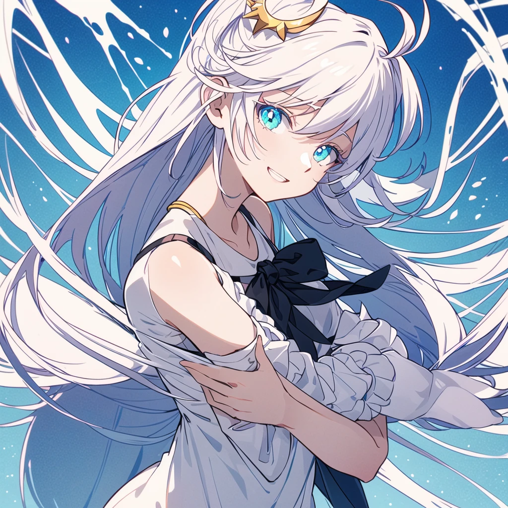 Blue bunny,White hair, long ponytail,Glossy,Girl
