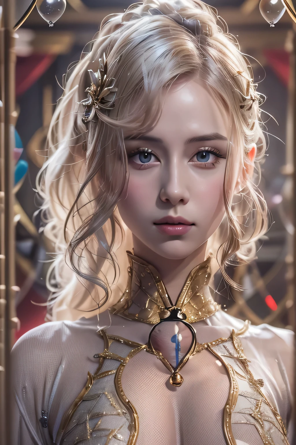 (highest qualityの, highest quality, beautiful and aesthetic:1.2), (1 female), very detailed,(fractal art:1.3),colorful,best details, Composition of the golden ratio,Dynamic and natural line of sight,Mature heroine, detailed face, Beautiful face with decorative details (Sand Blonde Ponytail Hair) (gray eyes), More about yellow , Small outline of yellow with white touch,There is a yellow magic mirror inside the Palace of Heaven, Detailed characters, Detailed heavenly place of the goddess, Laplace, detailed background