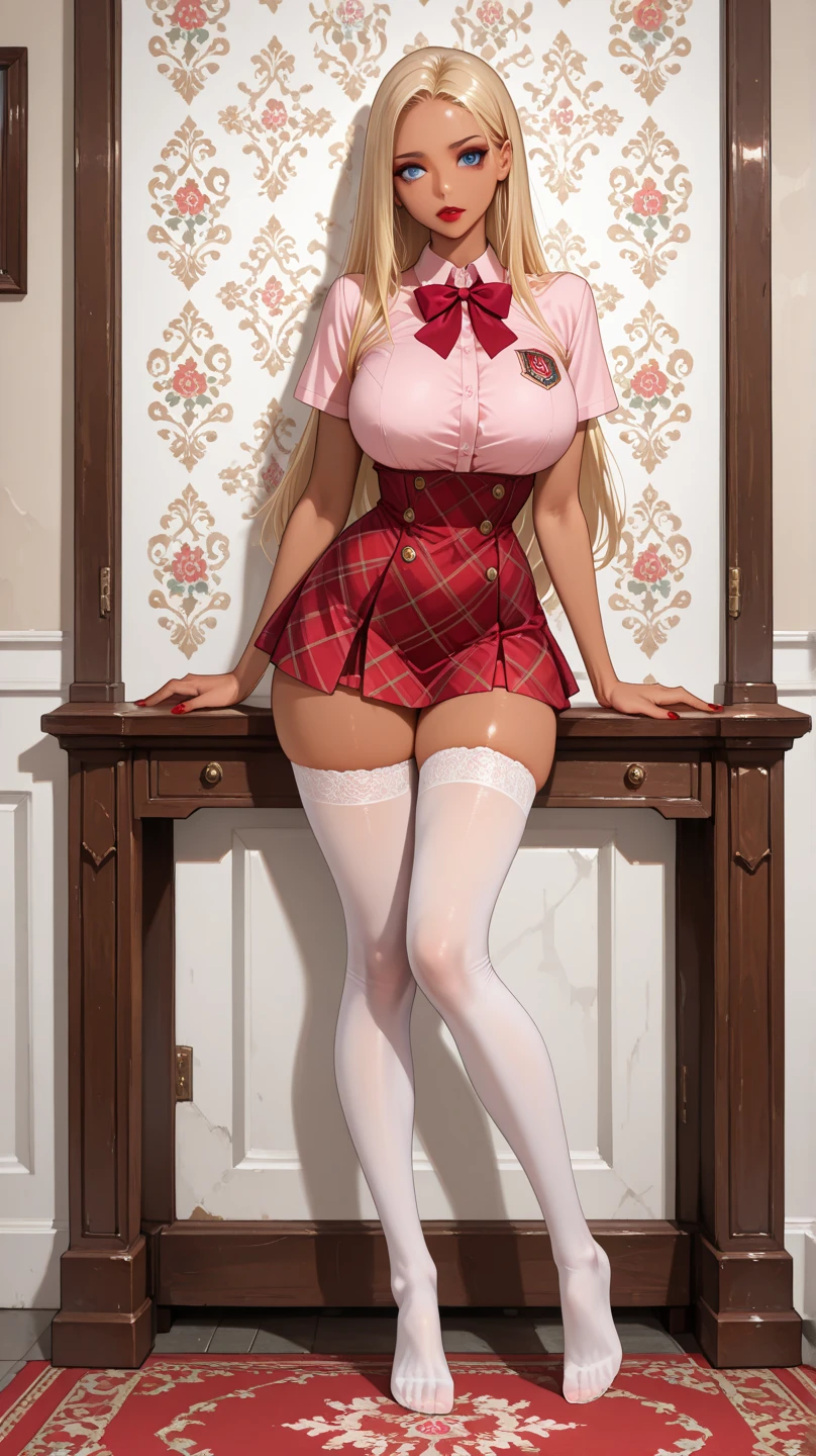 Raissa 18 years beautiful blond woman , long button shirt, half of the buttons are open, push up bra visable under her top, white cotton stockings, checked red and white and blue pleated schooluniform skirt, white cotton thong under het skirt, black highheeld boots, mat red lips, back view, small mouth closed, big , light green eyes, realistic photo, glamour photo, big glases, sitting on a barstool, wide legs, open legs, (huge muscles)