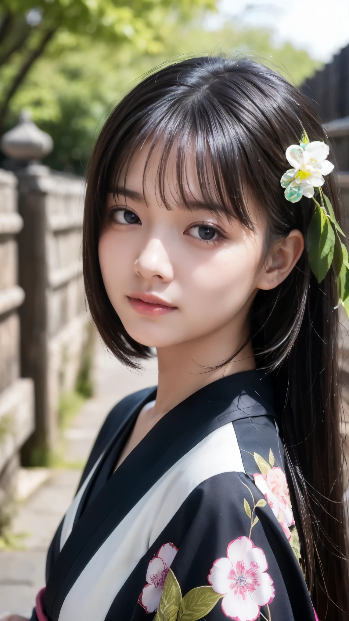 Kyoto back alley background、wearing a kimono、18 Year Old Girl、standalone、facing the front、light eye makeup、 long black hair、 flat at honny 、hair swings in the wind、Quality of actress、sparkle, ultra real face 、Smileの表情、moist eyes、Look up 、 Subdued Lighting Effects、 hyper-realistic capture using natural light、very detailed、High Resolution 16K Closeup。Pose to Spread Your Female Genitals with Both Hands、It must be detailed enough to identify pores、The skin is healthy、At a Japanese castle、Use natural light and color、Model Agency'Classic high quality images taken by exclusive photographer、Smile