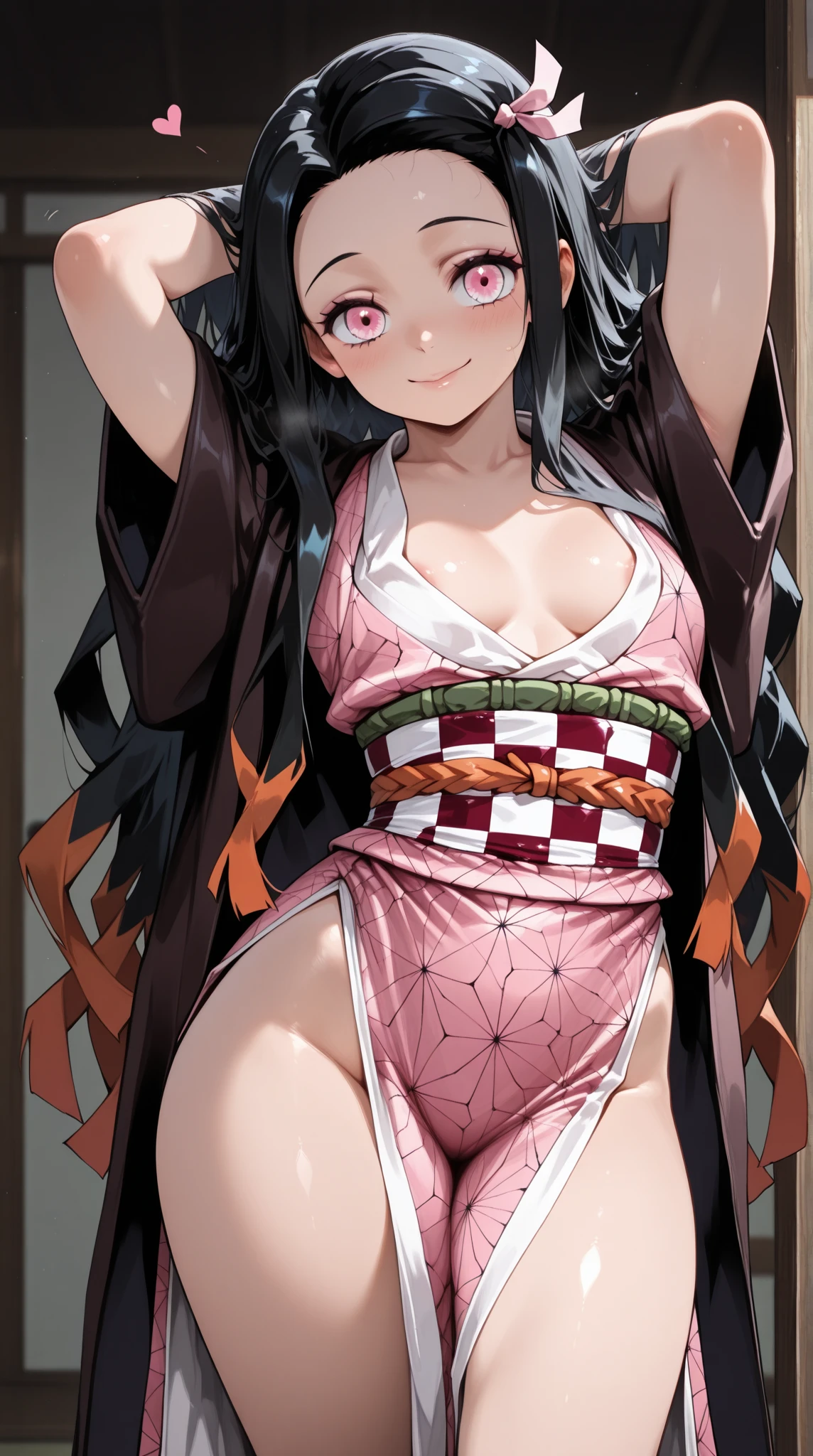 (masterpiece:1.3), (best quality:1.1), (8k, ultra detailed, ultra high res:1.2), ((anime style)), detail perfect 5 fingers, perfect anatomy,
1girl,
kamado nezuko,
BREAK long hair, wavy hair, forehead
black hair,
pink eyes,
ribbon,
small breasts,
Swimwear