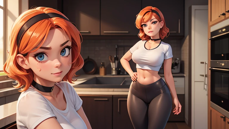 Red haired Latina, pulling up big white cotton panties, turnaround, asking the question "my butt isn't that big, is it?" in a speech bubble, green eyes, realistic art style, intricate details