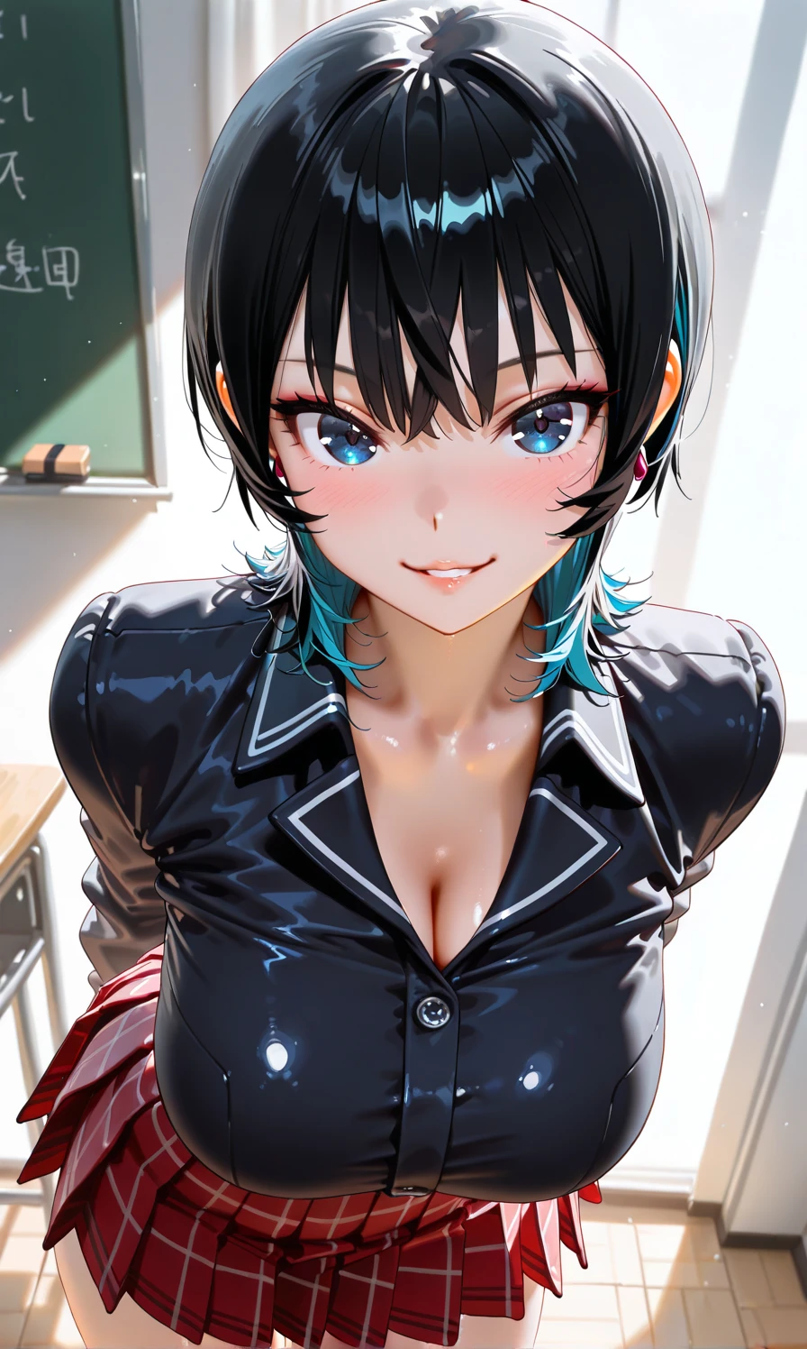 1 female,black hair,25 years old,(((blue shiny micro tight skirt)))((white tank top))(((blush、open mouth smile)),(((straight hair))),(((portrait))),crowd,,(wet with sweat)(sexy black bra and see-through tank top)(leather thigh high boots)(((big breasts)))((low ponytail))saten ruiko