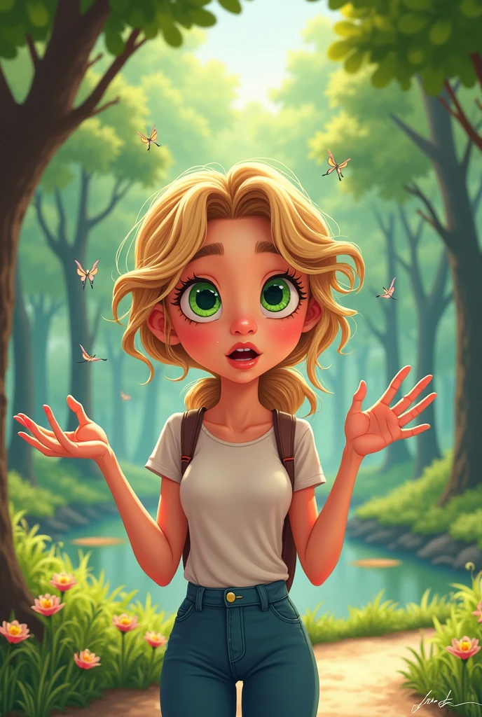 beautiful blonde woman looking down at camera, blue eyes, gleeful smirk, blue dress, extreme low angle, extreme worms eye view, floor view, in a lush forest, sunlight, sunny