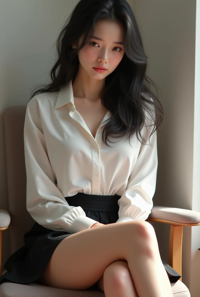 disorganized, RAW photo, very delicate and beautiful, masterpiece, highest quality, ultra high resolution, 16k, surreal, super detailed, perfect anatomy, super dense skin, perfect figure, Highly detailed CG 8k wallpaper, 20's, very slim body, (tight waist:1.2), very small head, very small face, delicate features, tearful mole, mole on chest, earrings, thin legs, (very huge round breasts:1.3), full body shot, short middle hair, wavy hair, (collared shirt:1.3), barefoot, BREAK mini leather skirt,