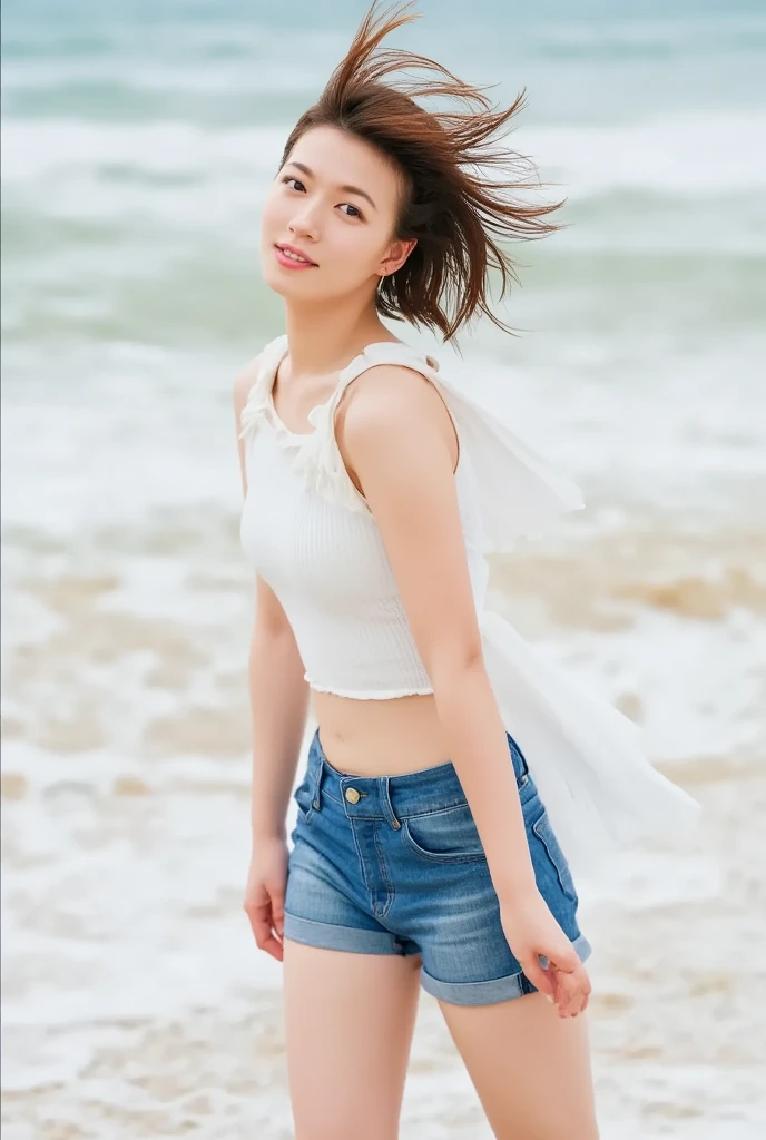1 girl,Solitary,Blue sky, ocean, Short skirt, skirt fluttering in the wind,(Very detailed background:1.0), (Very detailed background:1.0),