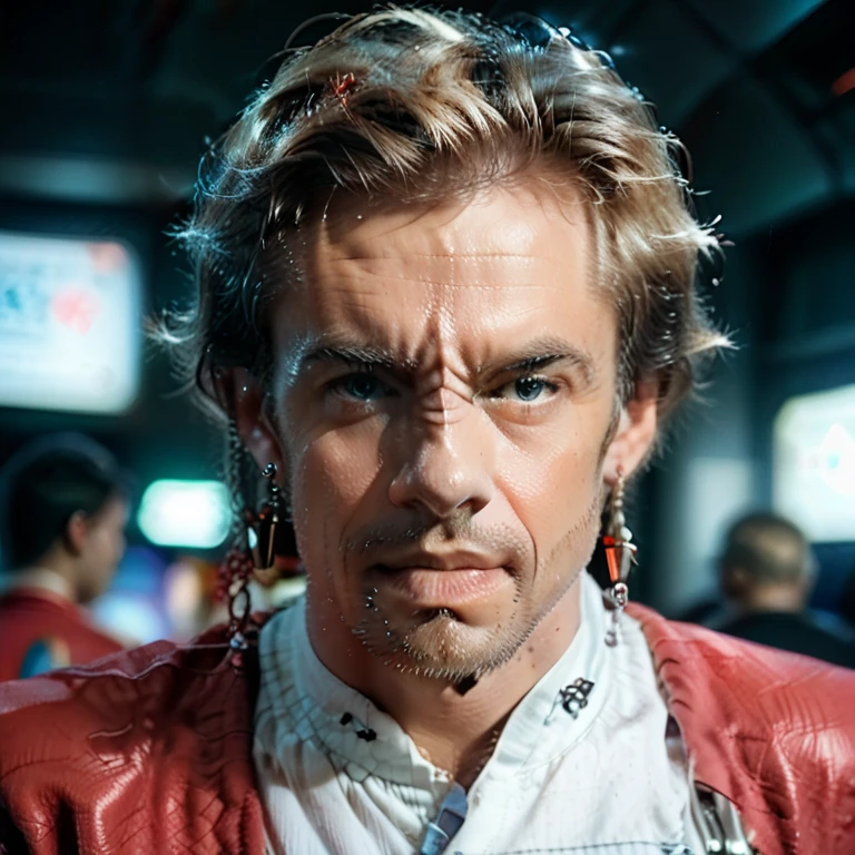 Generate a male of the Bajoran race from "Star Track". 5 horizontal folds are placed on the nose. From the right nostril to the right ear there is an ornament in the form of a chain with earrings at the ends. Background absolutely white. Looking slightly to the right. Style photorealistic.
