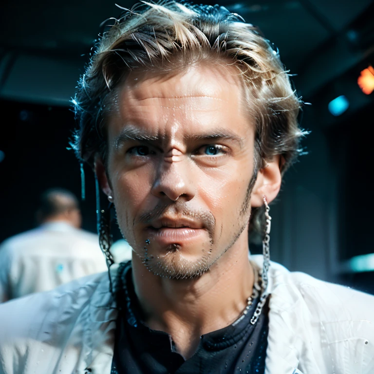 Generate a male of the Bajoran race from "Star Track". 5 horizontal folds are placed on the nose. From the right nostril to the right ear there is an ornament in the form of a chain with earrings at the ends. Background absolutely white. Looking slightly to the right. Style photorealistic.