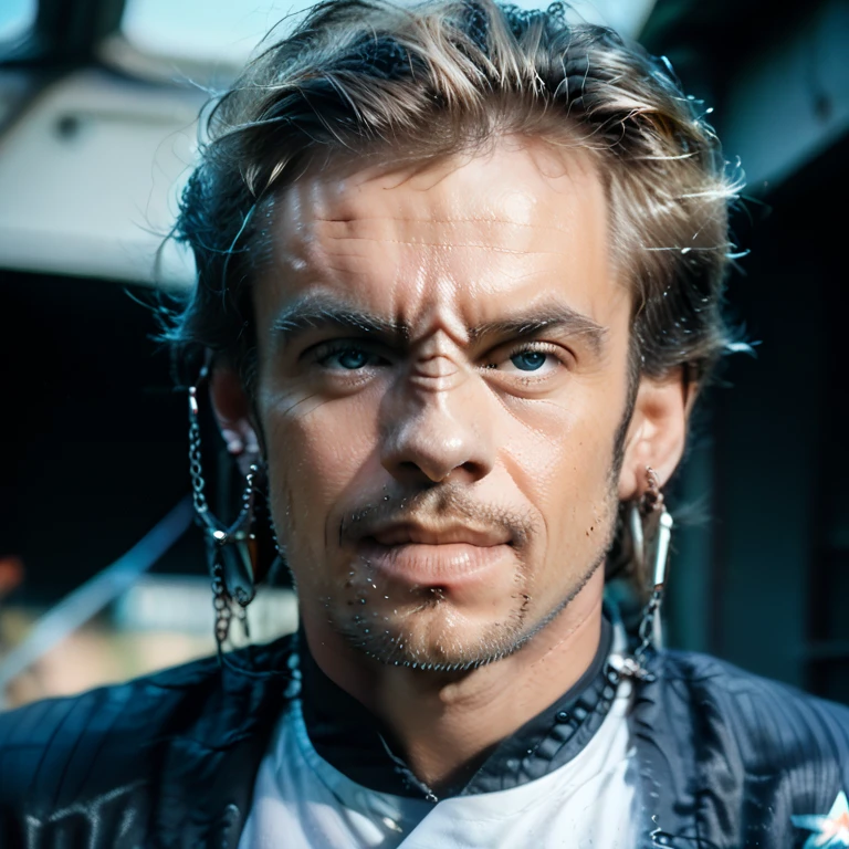 Generate a male of the Bajoran race from "Star Track". 5 horizontal folds are placed on the nose. From the right nostril to the right ear there is an ornament in the form of a chain with earrings at the ends. Background absolutely white. Looking slightly to the right. Style photorealistic.