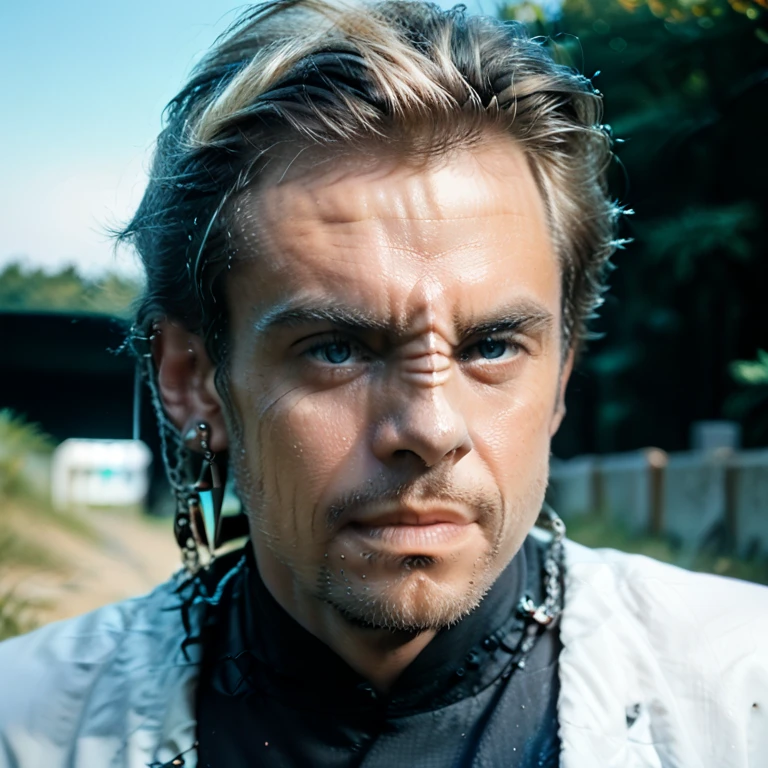 Generate a male of the Bajoran race from "Star Track". 5 horizontal folds are placed on the nose. From the right nostril to the right ear there is an ornament in the form of a chain with earrings at the ends. Background absolutely white. Looking slightly to the right. Style photorealistic.