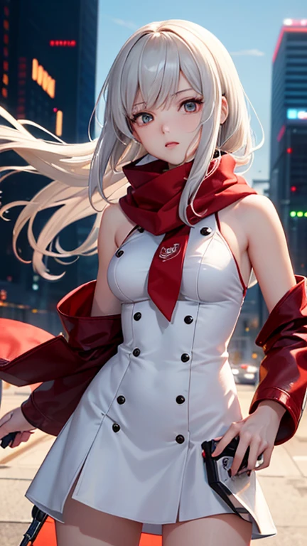 a woman wearing a red dress with white details, black boots, long white hair, ponytail hair, yellow eyes, smiling, big breasts, walking on a sidewalk, with a lamp post, with a castle in the background,HDR, ultra resolution, well defined, masterpiece, 8K HD (woman solo )
