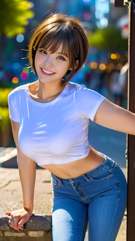 ((masterpiece)), (highest quality), 23 years old,Very detailed, finely, (High resolution), (8k), ((Perfect front viewcomposition)), (Natural color lip),(Side Ponytail:1.3),(((Sit sideways in a palm grove))), Look at me and smile))),((Close-fitting short print T-shirt,Cotton shorts)),((From the whole body to the toes:1.3)),((Perfect front view)),((sitting on a bar stool)),((Natural pose)),,((Blue ribbon in hair)),((Normal size buttocks)),((Ample breasts)),((Full and firm breasts)),(Look at me and smile),