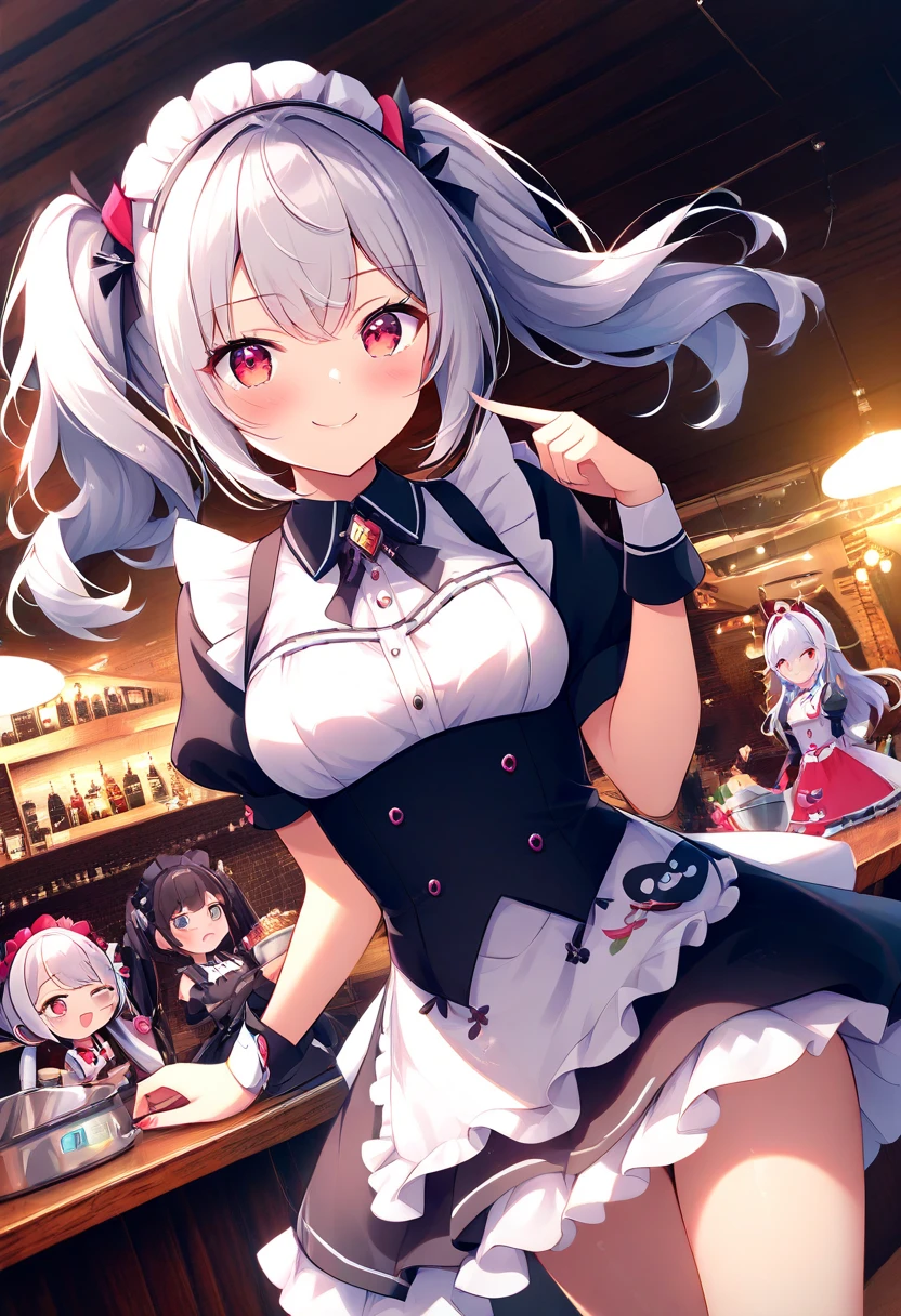 Alice, Anime Art Style, 1girl in, Solo, breasts, up looking_で_viewer, Smile, Short_hair, Open_Mouth, Large_breasts, Red_Eyes, hair_Bland_Eyes, The upper part of the body_Body, white_hair, :D, Blurry, chef
