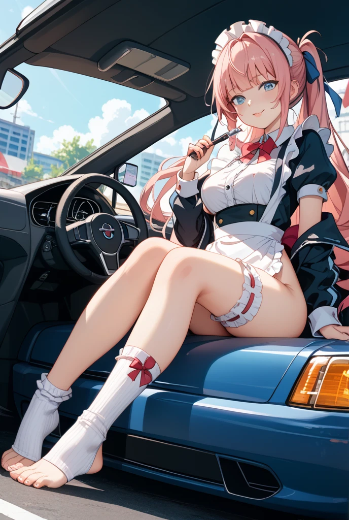 1girl, hebt mit einer hand ein auto in die luft