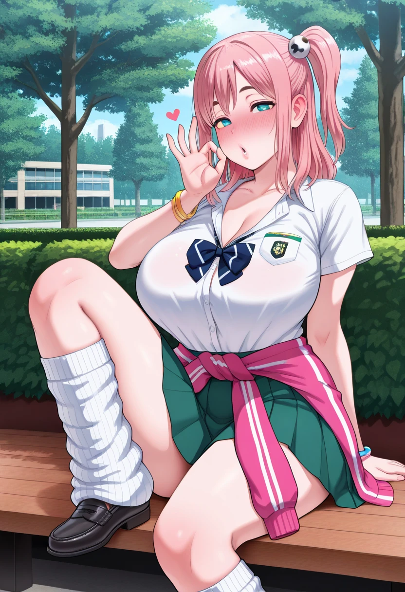 (nsfw),masterpiece,ultra detailed,sharp focus,4k digital art,high resolution,gyaru,realistic,(v sign with both hands:1.5),(aroused and blushed:1.7),(peeing),tareme,(adult beautiful face,curvy adult body:1.3),(upskirt:1.4),(school cardigan:1.3),dress shirt,black highsocks,(navy and pleated skirt),bow tie,(blonde hair,side ponytail),(dark skin),outdoor,public park,(sweaty:1.2),grinning,(trembling,flying heart-shapes),(squatting and spreading legs),(sexy and laced red undies:1.3),loafers,crowd in background,gigantic breasts,drooling,heart pupils
