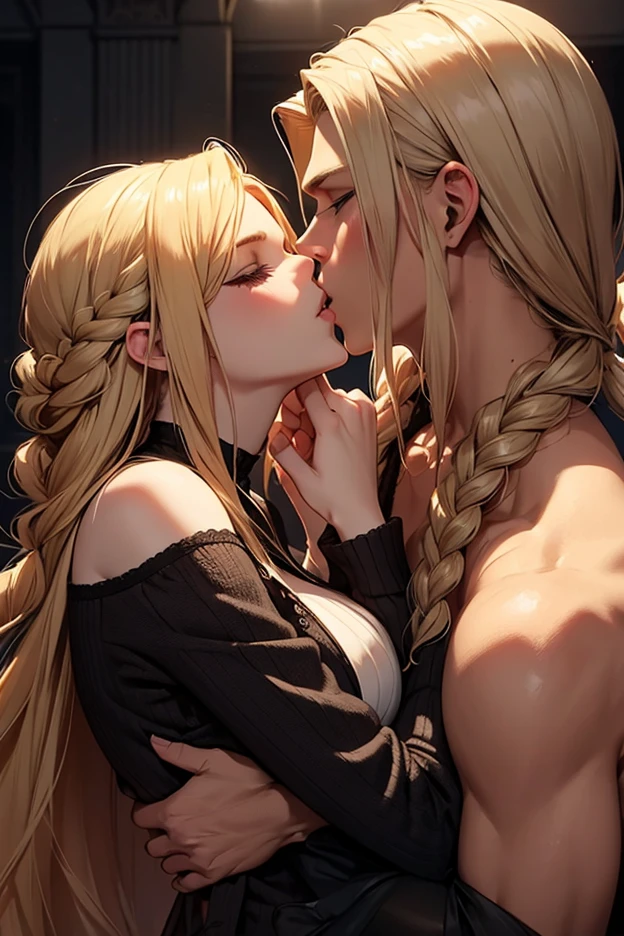 ((best quality)), ((masterpiece)), (detailed), one girl with long blond hair kiss one muscle blond guy, view from side on scene, passionate kiss, cozy atmosphere, cozy lighting, standing poses