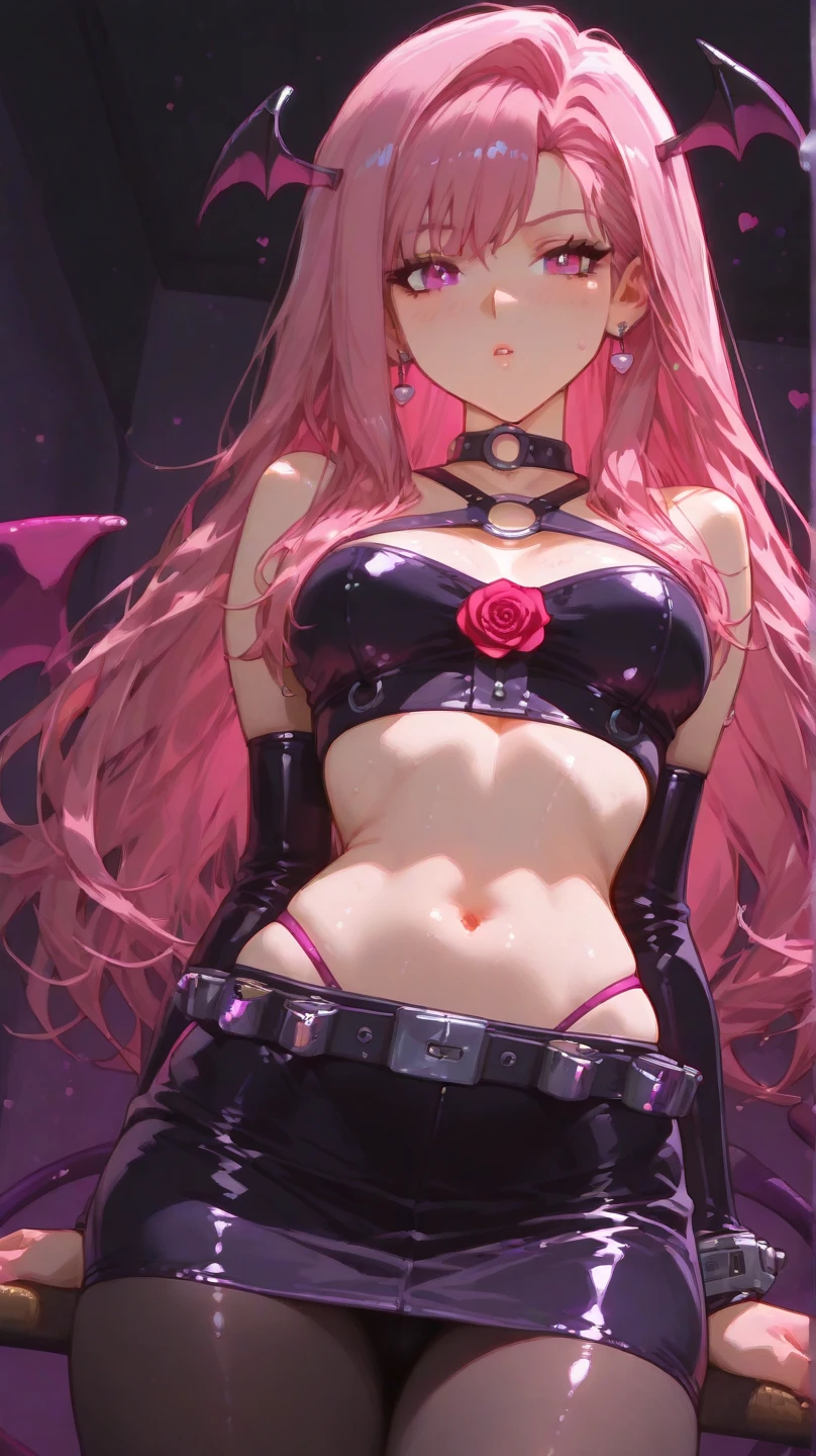 young girl, long pink hair, elf ears, red eyes, pink lipstick, crazy smile, small breasts, open shoulders, open belly, black mantle, long sleeves, claws, Shorts, Masterpiece, hiquality