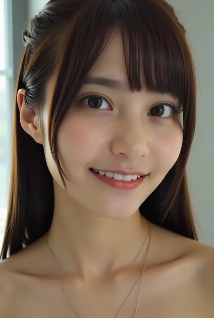 Highest quality, (beautiful)、Naked man and woman pair、Licking the penis、Giving a blowjob、Full view of boobs、Nipples、Soft 、Close-up、Sticking out tongue、Taken from directly above、Selfie、smile
