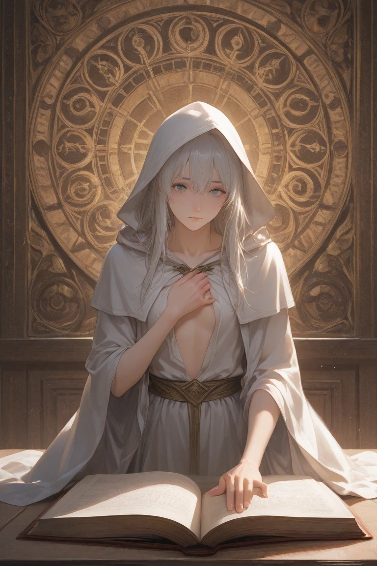 ((highest quality)),(ultra high resolution),(Super detailed),(detailed description),((best CG)),(best work of art),super precision art,great drawing art,(Art with precise details:1.5), (1 woman:1.6),beautiful and well-shaped face:1.5,light makeup:1.6,(put the hood over the eyes:1.8),cloak:1.6, Bewitching atmosphere:1.5,