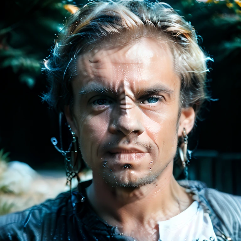 Generate a male of the Bajoran race from "Star Track". 5 horizontal folds are placed on the nose. From the right nostril to the right ear there is an ornament in the form of a chain with earrings at the ends. Background absolutely white. Looking slightly to the right. Style photorealistic.