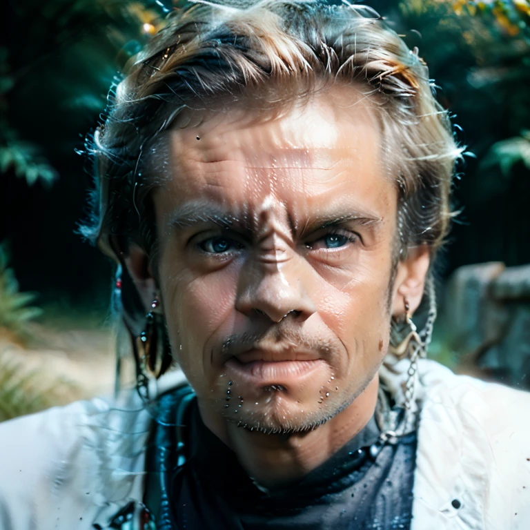 Generate a male of the Bajoran race from "Star Track". 5 horizontal folds are placed on the nose. From the right nostril to the right ear there is an ornament in the form of a chain with earrings at the ends. Background absolutely white. Looking slightly to the right. Style photorealistic.