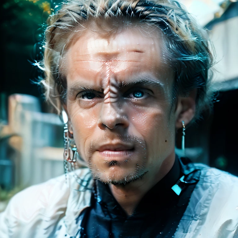 Generate a male of the Bajoran race from "Star Track". 5 horizontal folds are placed on the nose. From the right nostril to the right ear there is an ornament in the form of a chain with earrings at the ends. Background absolutely white. Looking slightly to the right. Style photorealistic.