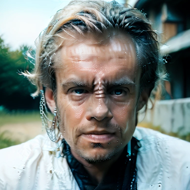 Generate a male of the Bajoran race from "Star Track". 5 horizontal folds are placed on the nose. From the right nostril to the right ear there is an ornament in the form of a chain with earrings at the ends. Background absolutely white. Looking slightly to the right. Style photorealistic.