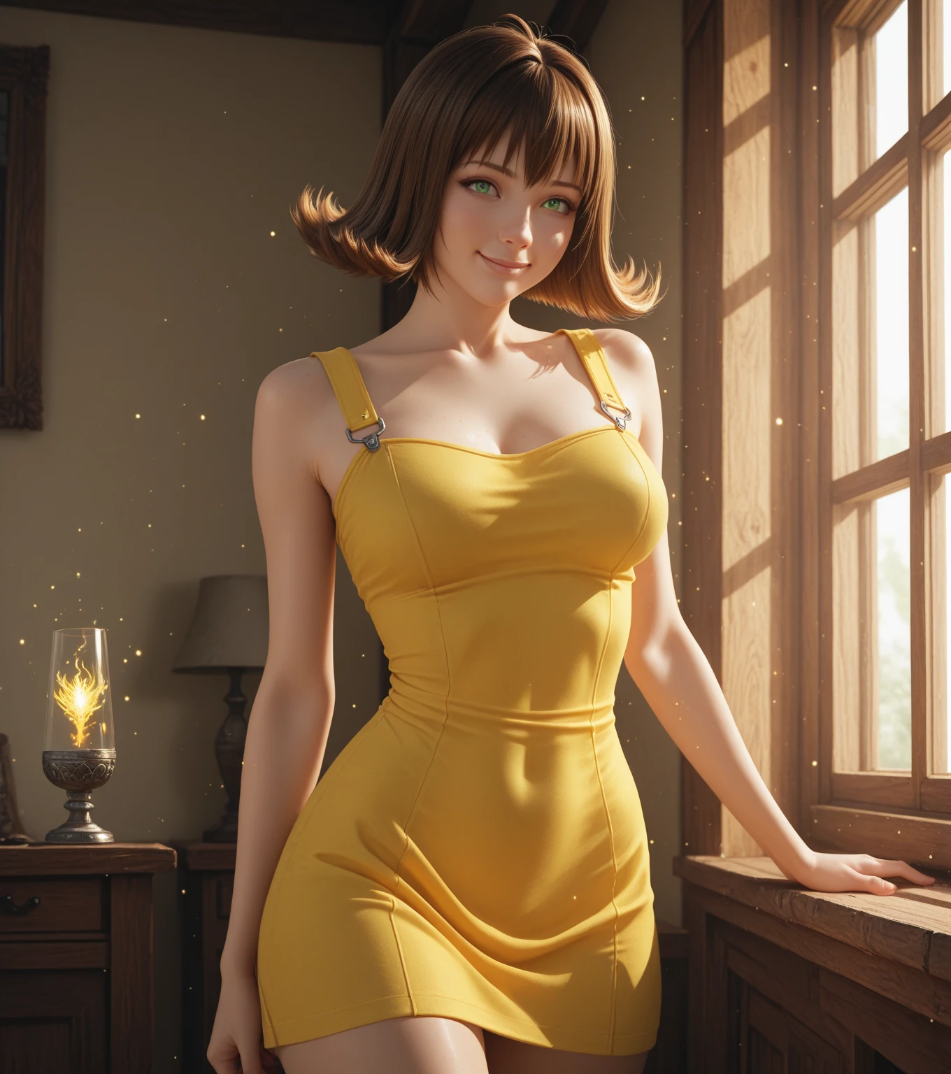 merula, full body, thighs, high heels, solo, medium tits, sexy tight yellow dress