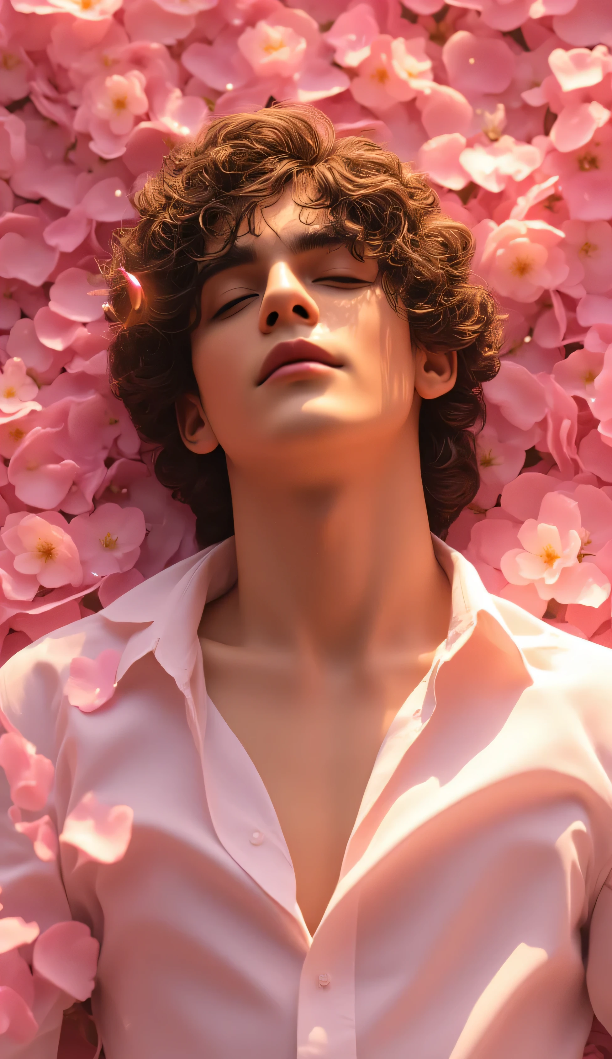 "A handsome young man with curly dark hair, lying peacefully on a soft bed of glowing pink cherry blossom petals, wearing a slightly unbuttoned white shirt. His expression is serene, eyes closed in bliss, basking in warm dappled sunlight filtering through the petals. Above him, magical glowing hearts made of light and stardust gently float down, being released from a delicate hand just above, creating a surreal, romantic atmosphere. Pink sparkles shimmer in the air around him. His skin is smooth and softly lit, with a touch of golden warmth and fantasy glow. Soft shadows, magical ambient lighting, high detail textures on fabric and petals, photoreal yet dreamy. Elegant composition, soft color palette of rose, blush, and gold. Fantasy romance concept art, ultra-detailed, high realism, 8K resolution, soft lens bloom, bokeh light particles, cinematic portrait illustration, trending on ArtStation, inspired by Loish, WLOP, Ilya Kuvshinov, and Studio Ghibli lighting style."