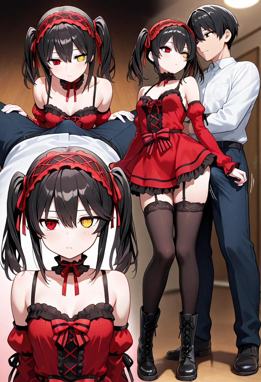 kurumi tokisaki, black hair, red eyes, long hair, twintails, yellow eyes, hairband, heterochromia, dress unbuttoned, red dress unbuttoned, bare shoulders, collarbone, choker, bowtie, red bowtie, detached sleeves, corset unbuttoned, frills, cleavage unbuttoned,sitting,legs open, looking at viewer, cowboy shot, dutch angle,showing naked breasts, medium large breasts, showing naked breasts ,naked breasts nipples,semi naked,loli,right eye red, left eye yellow(cowboy photo: 1),showing naked breasts, showing nipples on naked breasts,naked on her breasts and breasts nipples, defined breasts,background of a room in the houser,orgasm face, blushing face, 2boys, fellatio, sex from behind, mmf threesome, double penetration, spitroast, man grabbing her breast, man caressing her breast,man grabbing her breast, man caressing her breast,man grabbing her breast, man caressing her breast,man grabbing her breast, man caressing her breast,man grabbing her breast, man caressing her breast,showing naked vagina,showing naked vagina,showing naked vagina,showing naked vagina,showing naked vagina,showing naked vagina,perfect pussy ,perfect pussy,moaning with pleasure
