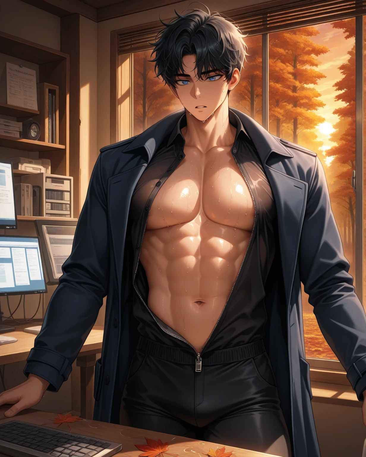 Beautiful anime，handsome guy，muscle，abdominal muscles，sports student，teacher，in the classroom，Teaching，(love)，open clothes，collar，wolf ears，露出muscle，Handsome，handsome guy，blushing，(Unfastened pants)，Take his pants off，Huge protrusions，and(Covered in sweat)，for the audience，Look at me，Pull down your pants with your hands，wolf ears，脖子上戴着collar，male，性欲male，Let him wear no clothes，
