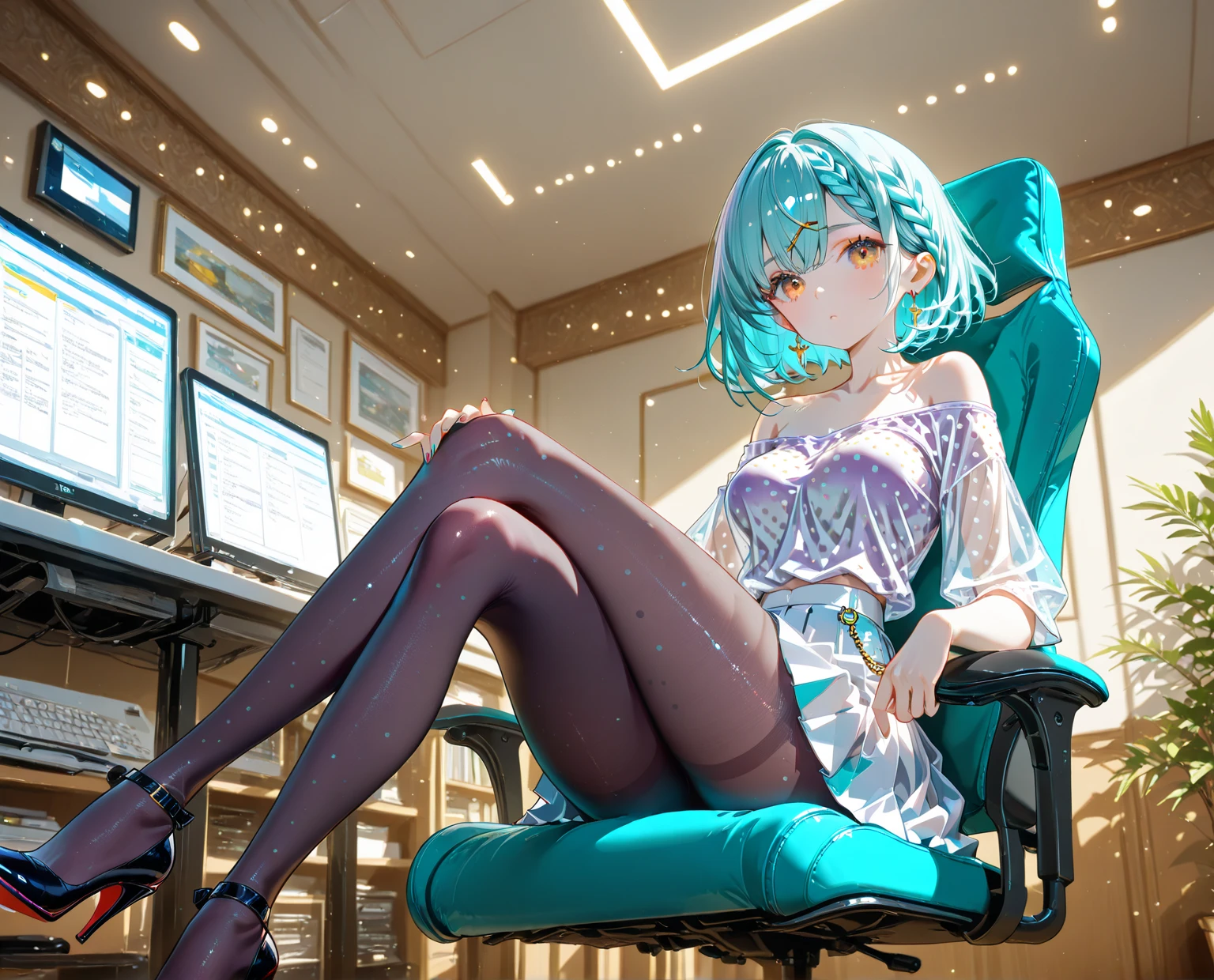 (Best quality, 4K, a high resolution, masterpiece: 1.2), (Heart: 1.2),  ultra detailed, Realistic: 1.37, soft lighting, Beautiful detailed eyes and lips, alone girl, dark green hair high ponytail, bare legs, you can see the whole body from head to toe, wears a dark black oversized long hoodie, without pants, white stockings, black abstract background with green lines of code, coding, programming, laptop, coffee